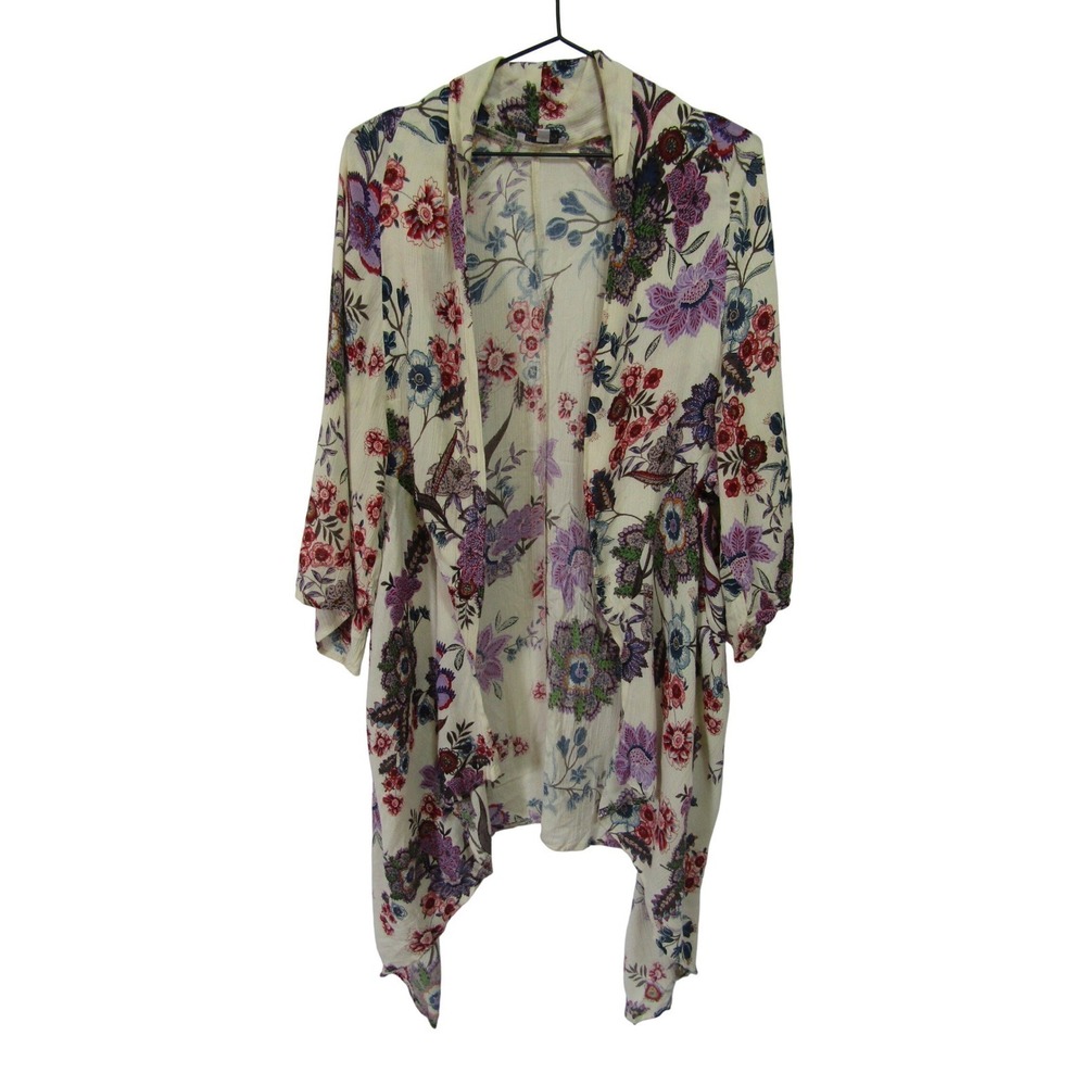 Patrons of Peace Floral Kimono Womens Small Cream Boho Open Front Rayon